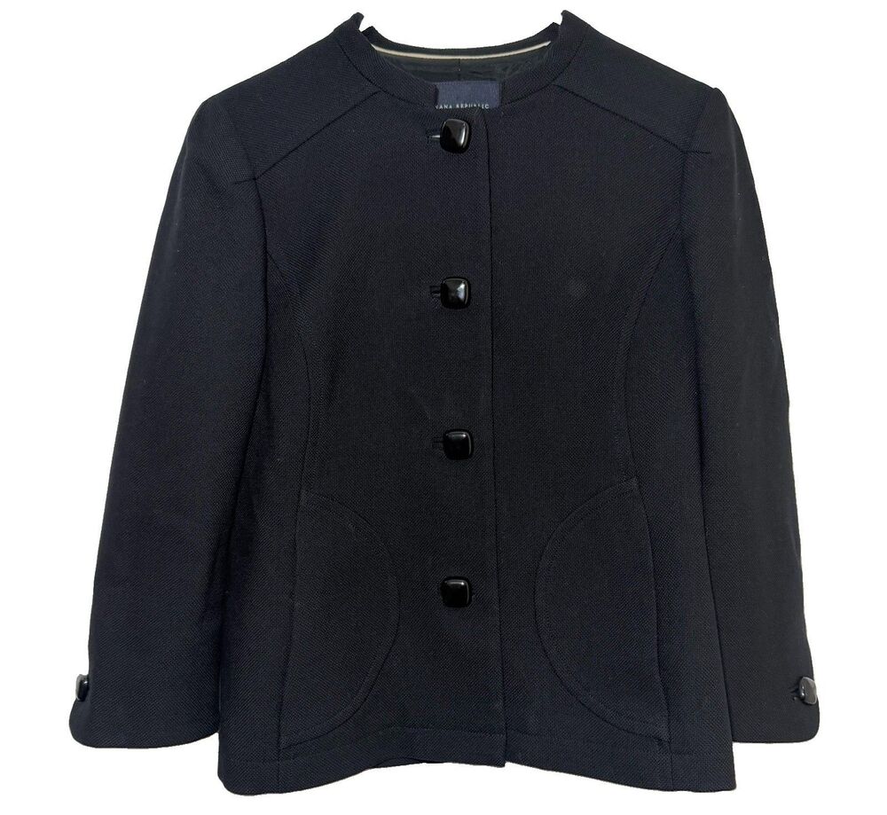 Banana Republic Black 100% Wool Collarless Jacket Size 8 Square Button Lined